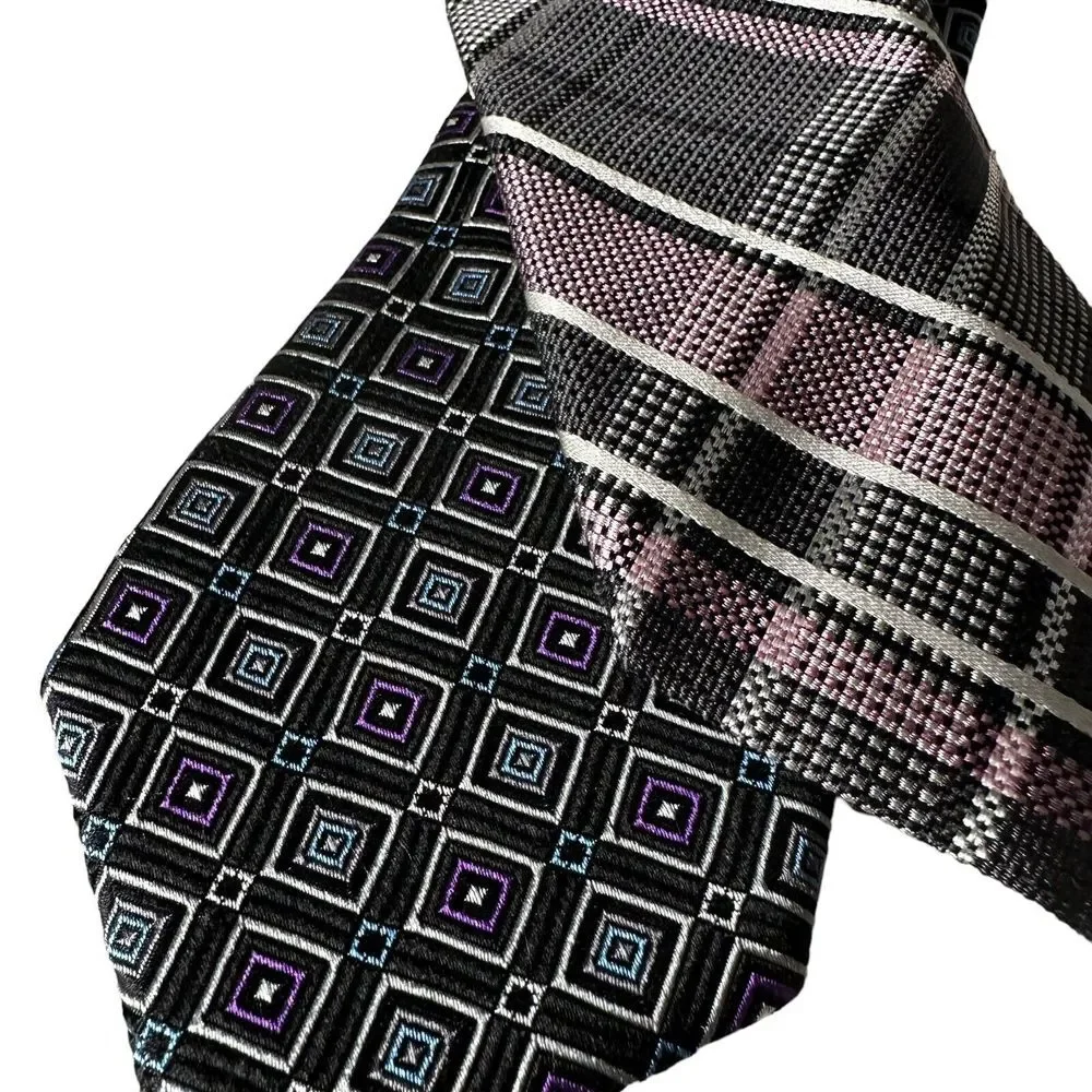 Lot of 2 IKE Behar Men Neckties Purple Plaid Striped Square Print Geometric Ties